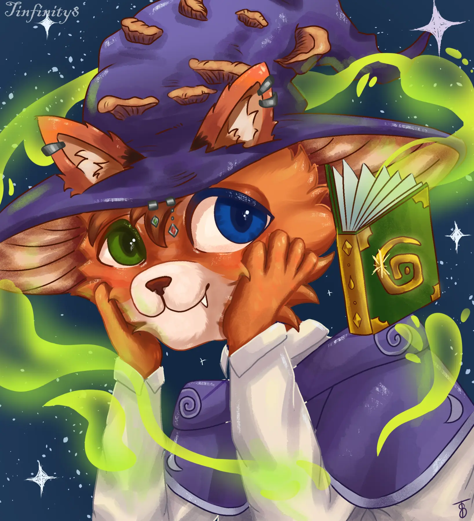 Colorful illustration of a cat wizard reading a magical book